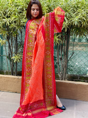 Orange, Red Handwoven Patola with Rai Bandhej Dupatta in Pure Silk - Masakalee