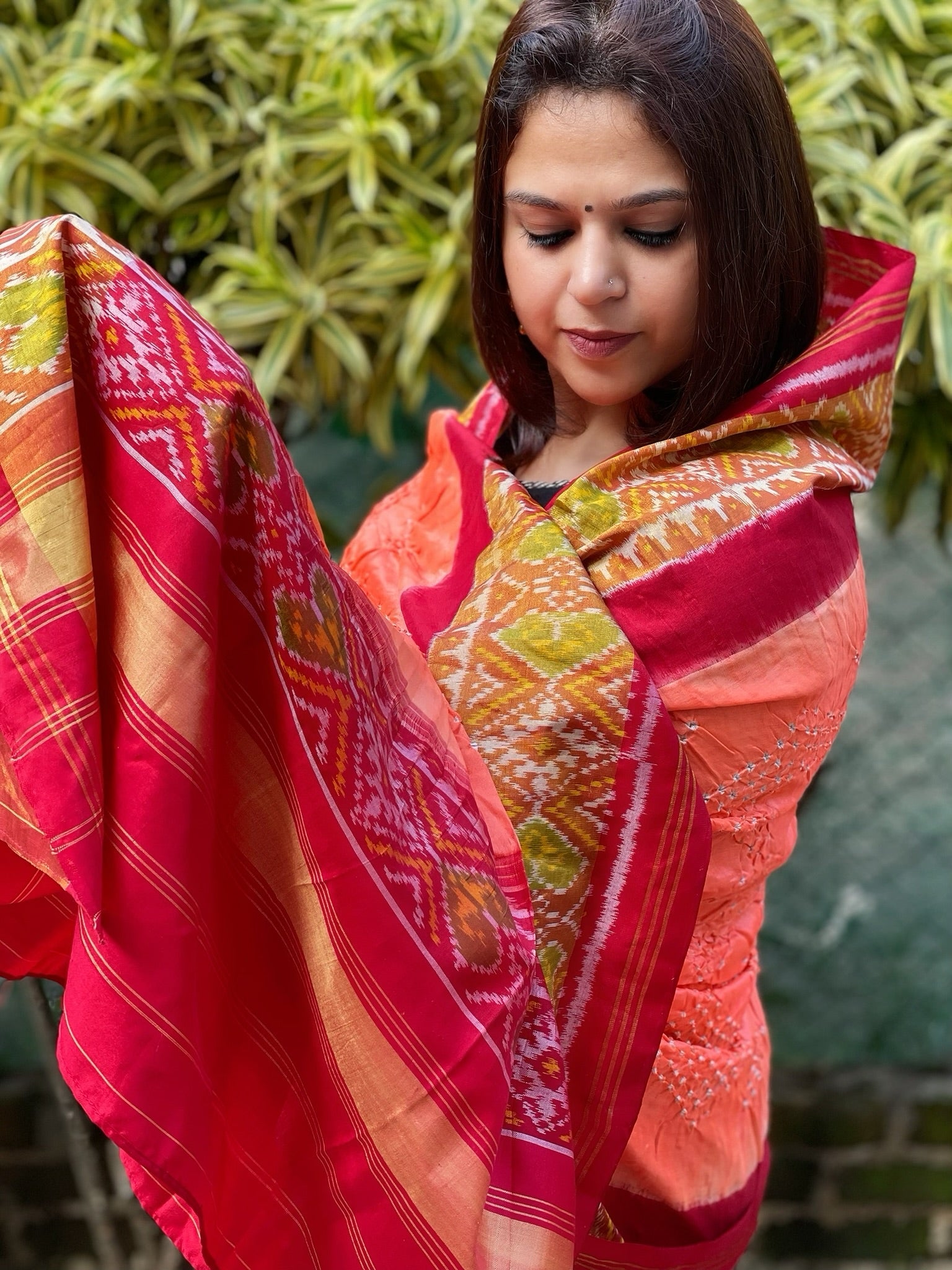 Orange, Red Handwoven Patola with Rai Bandhej Dupatta in Pure Silk - Masakalee