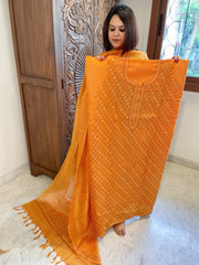 Orange Suit Set with Hand Embroidery in Pure Tussar Silk - Masakalee