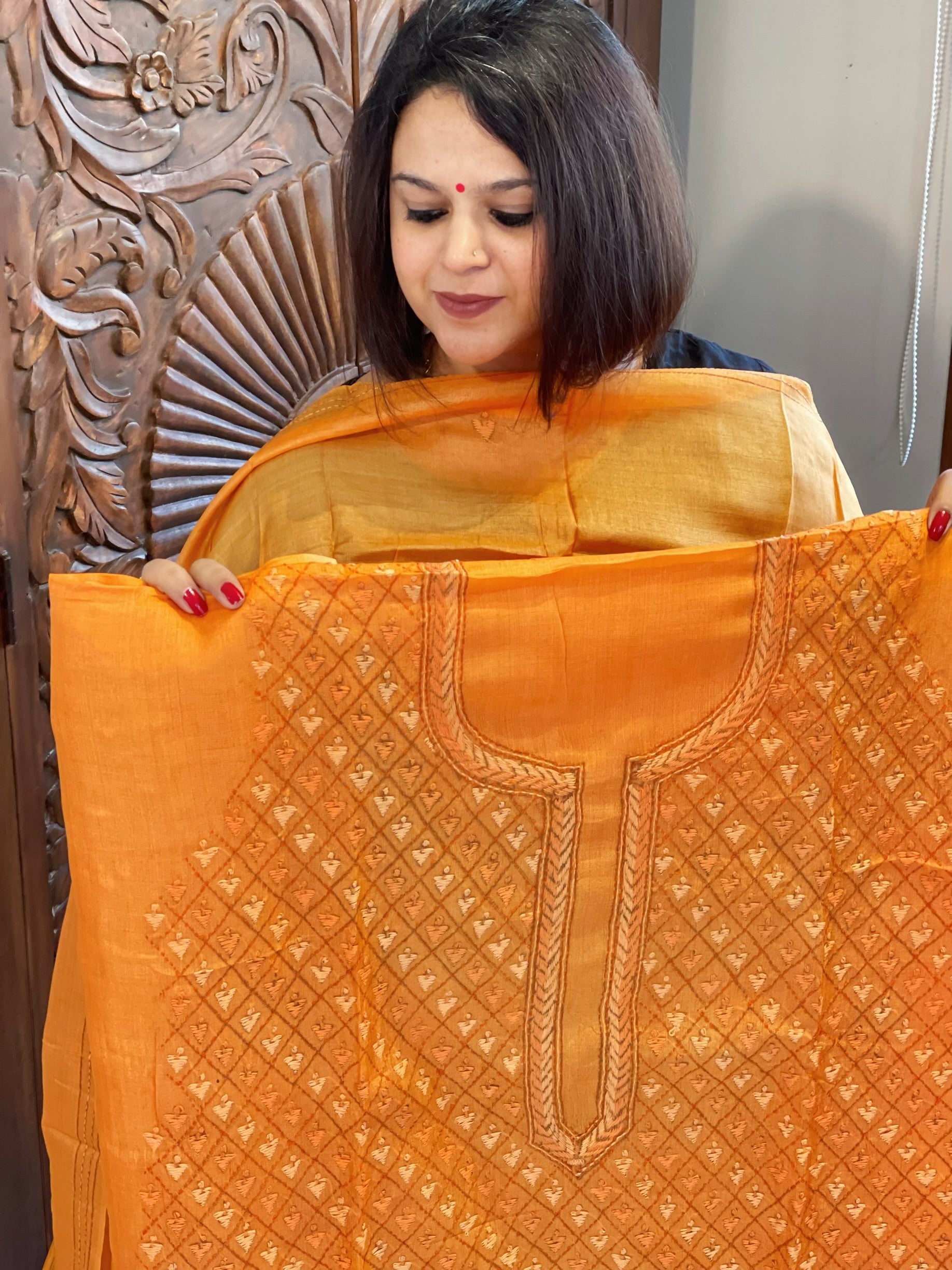 Orange Suit Set with Hand Embroidery in Pure Tussar Silk - Masakalee