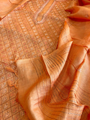 Orange Suit Set with Hand Embroidery in Pure Tussar Silk - Masakalee
