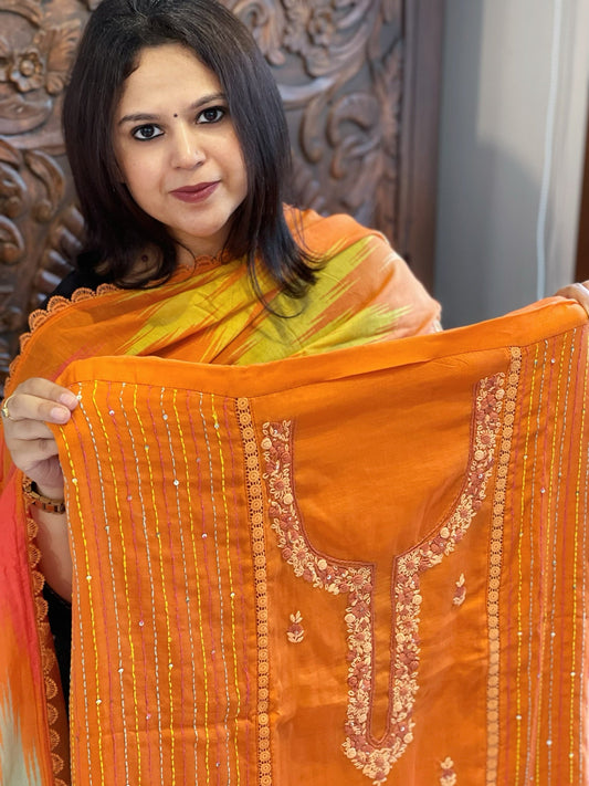 Orange Suit Set with Sequin and Knot handwork in Mul Chanderi - Masakalee
