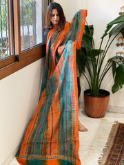 Orange, Teal Handmade Kantha Dupatta in Silk - Masakalee
