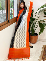 Orange, White Handwoven Ikat Dupatta in Cotton - Masakalee