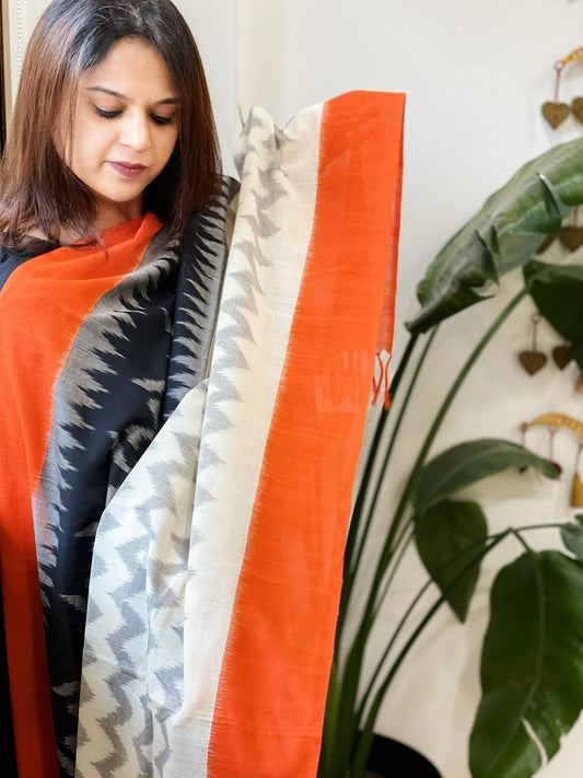 Orange, White Handwoven Ikat Dupatta in Cotton - Masakalee