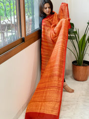 Orange, Yellow Handmade Shibori Dupatta in Eri (Ahimsa) Silk - Masakalee