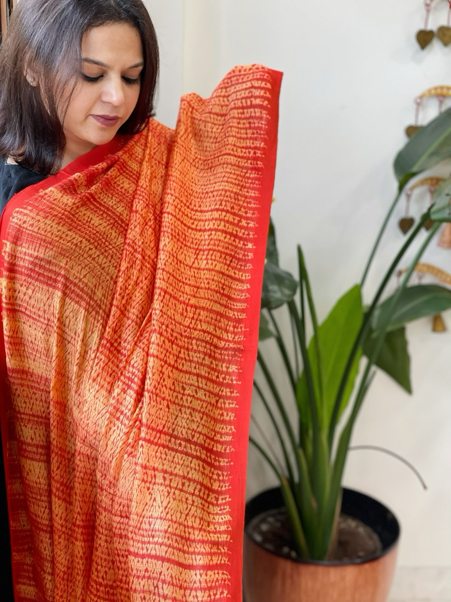 Orange, Yellow Handmade Shibori Dupatta in Eri (Ahimsa) Silk - Masakalee