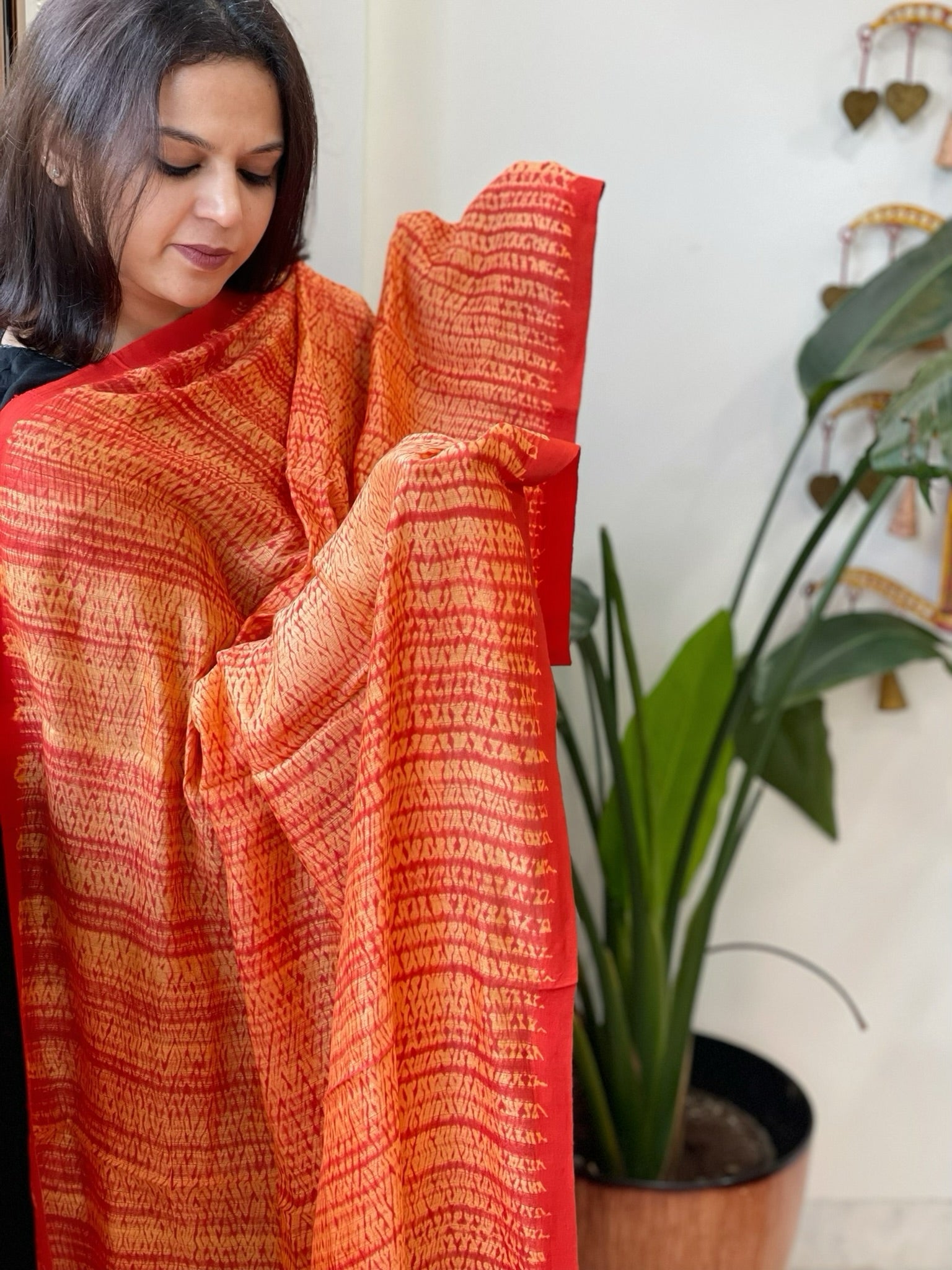 Orange, Yellow Handmade Shibori Dupatta in Eri (Ahimsa) Silk - Masakalee