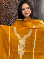 Orangish Yellow Designer Banarasi Suit Set in Pure Silk - Masakalee