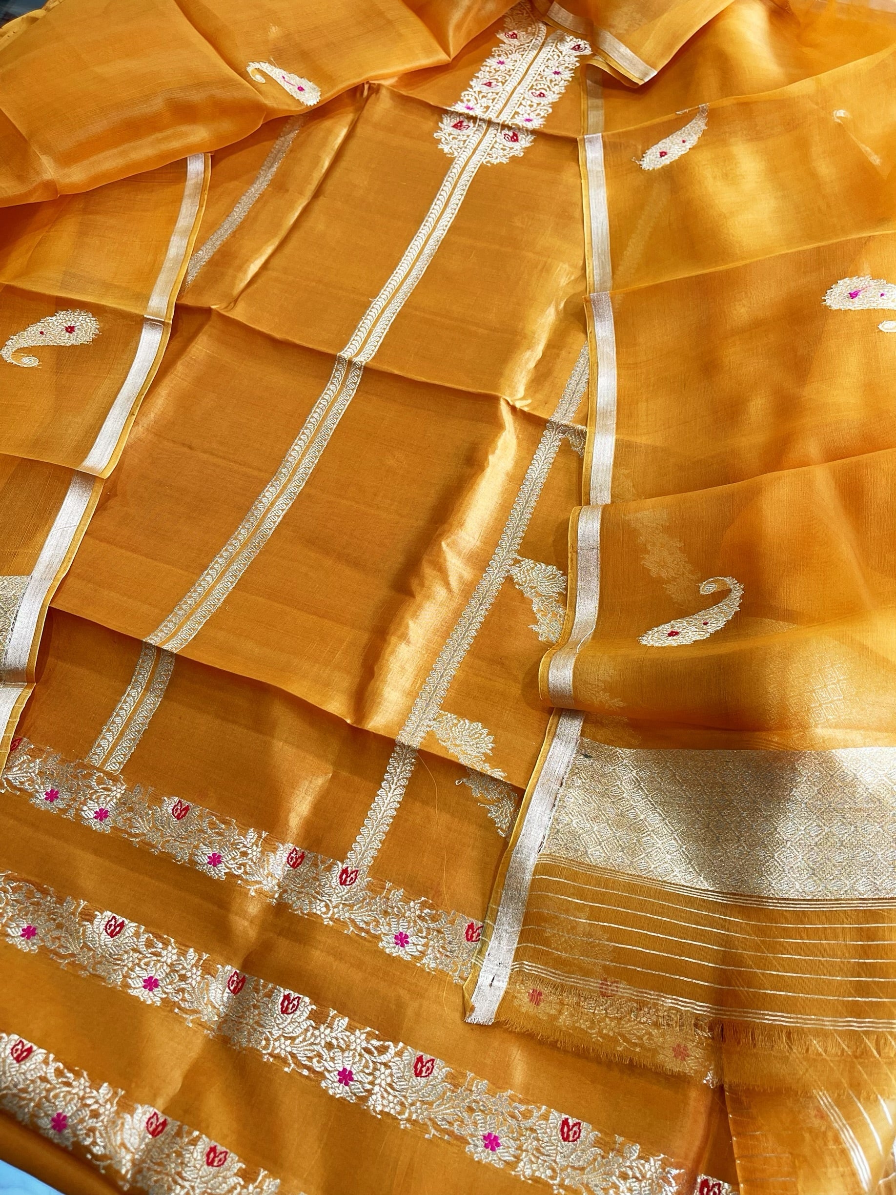 Orangish Yellow Designer Banarasi Suit Set in Pure Silk - Masakalee