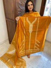 Orangish Yellow Designer Banarasi Suit Set in Pure Silk - Masakalee