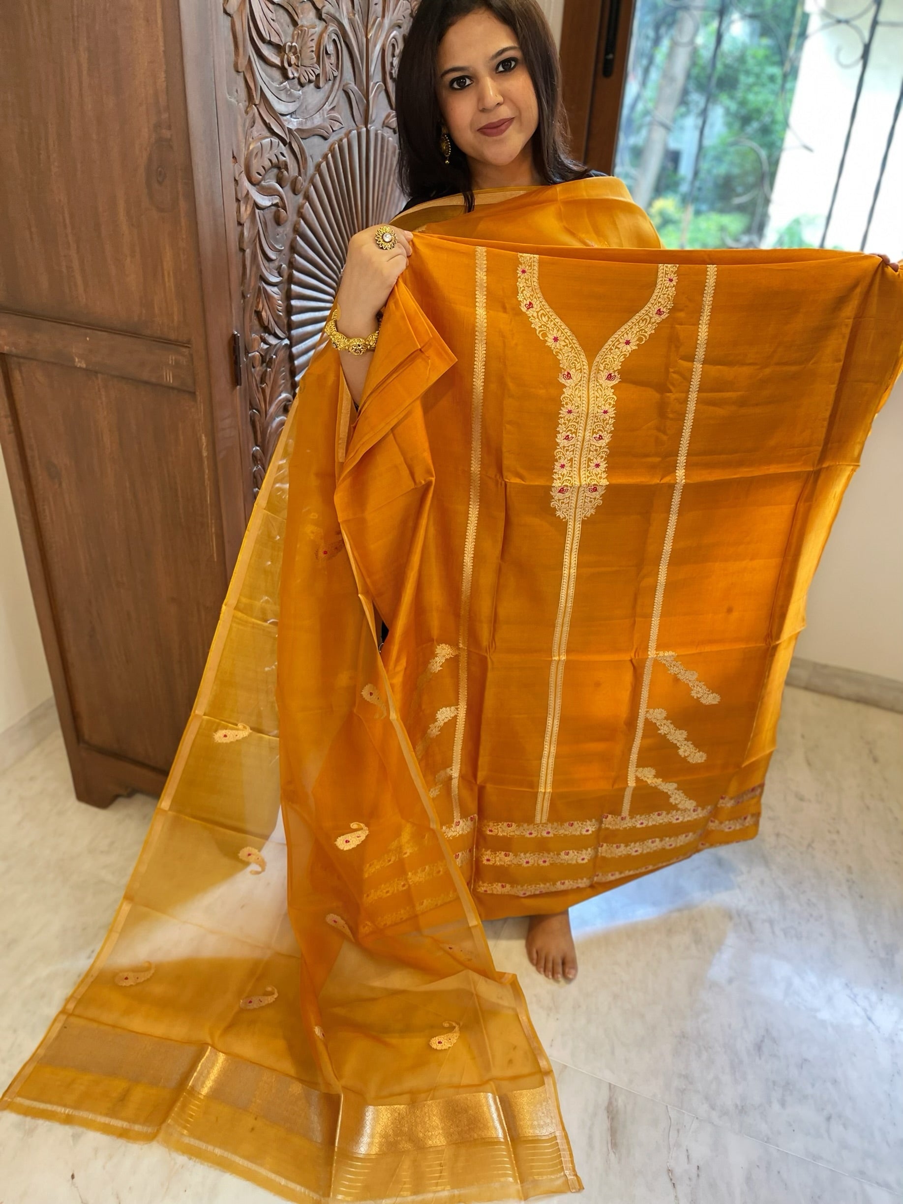 Orangish Yellow Designer Banarasi Suit Set in Pure Silk - Masakalee