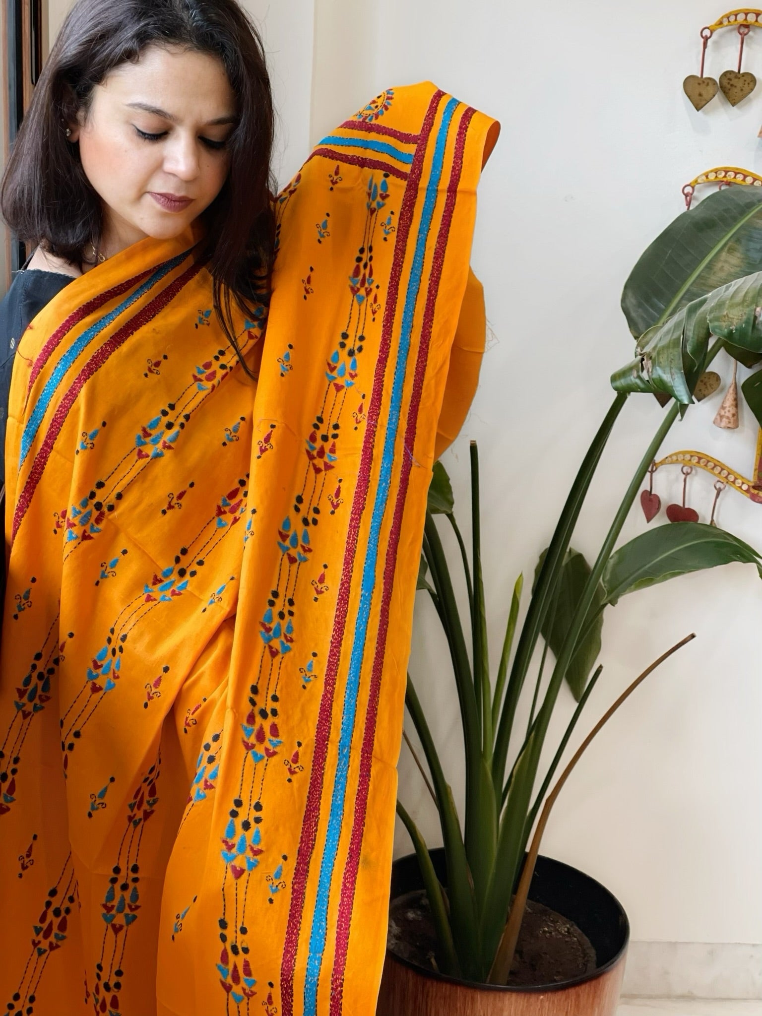 Orangish Yellow Handmade Kantha Dupatta in Pure Cotton - Masakalee