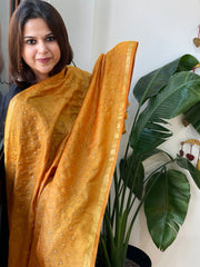 Orangish Yellow Handwoven Muga Silk dupattas with Hand Embroidery - Masakalee