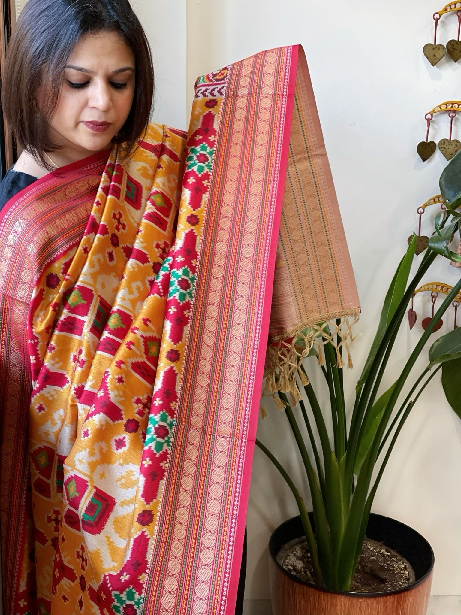 Orangish Yellow Printed Patola Dupatta in Fine Art Silk - Masakalee