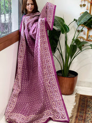Orchid Purple Handmade Nakshi Kantha Dupatta in Pure Silk - Masakalee