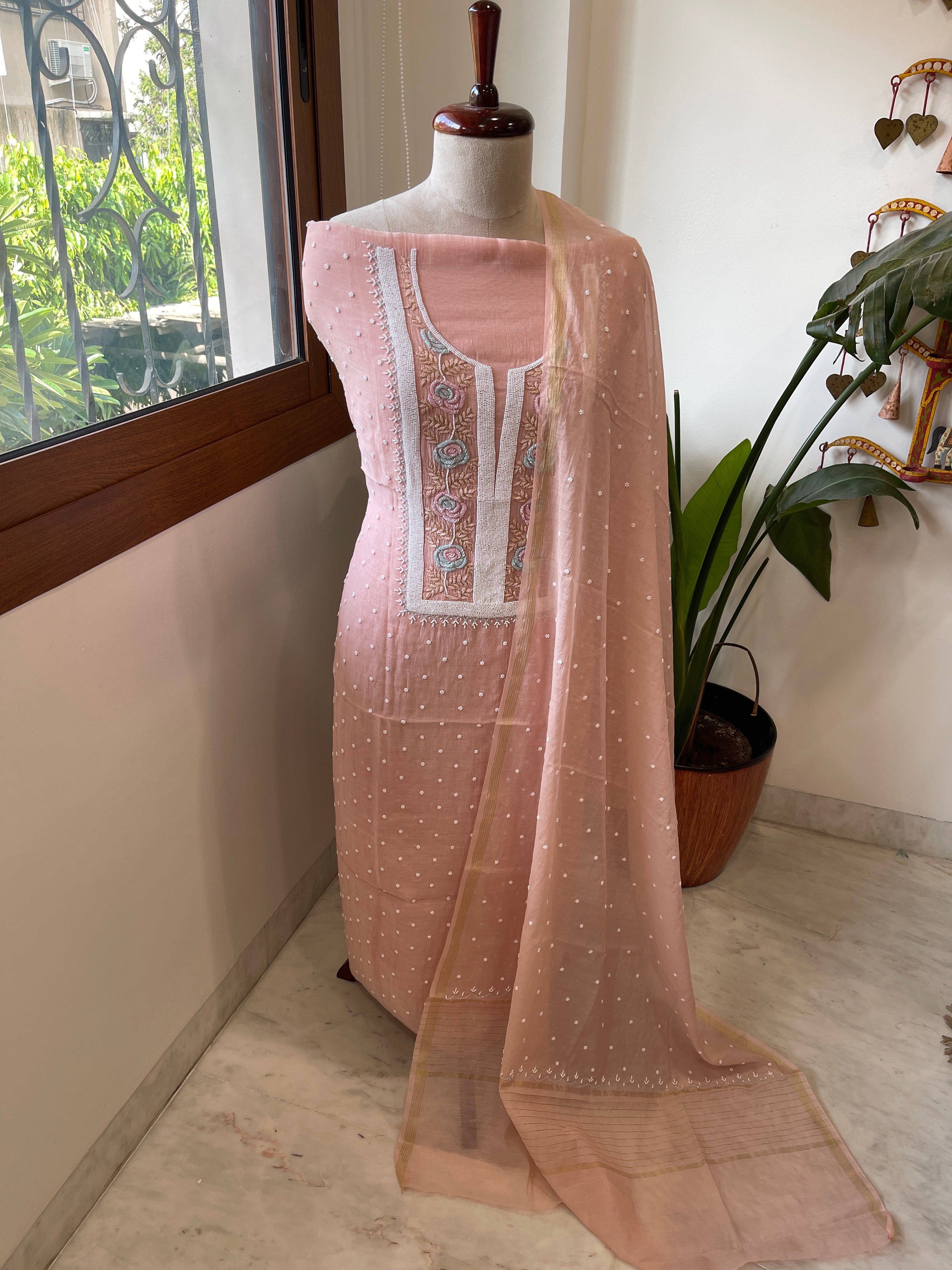 Paech Suit Set with Pearl, Cut Daana and Thread Handwork in Pure Mul Chanderi - Masakalee