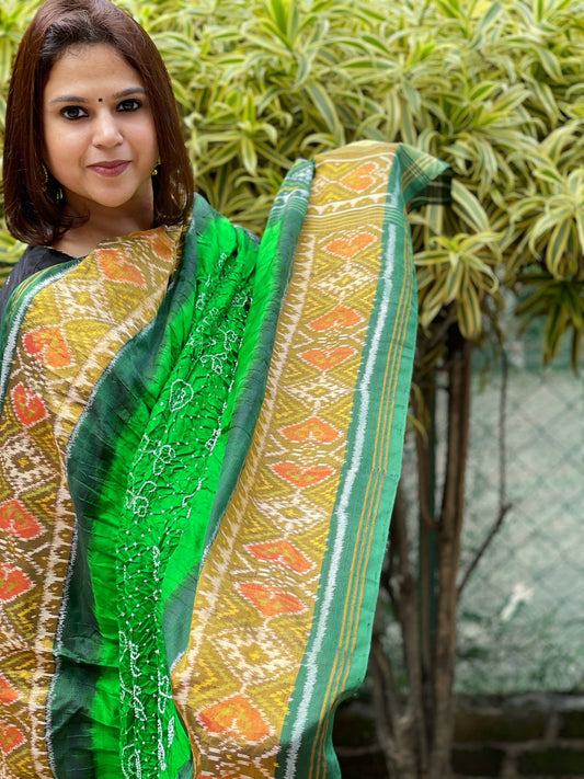 Parrot Green, Dark Green Handwoven Patola with Rai Bandhej Dupatta in Pure Silk - Masakalee
