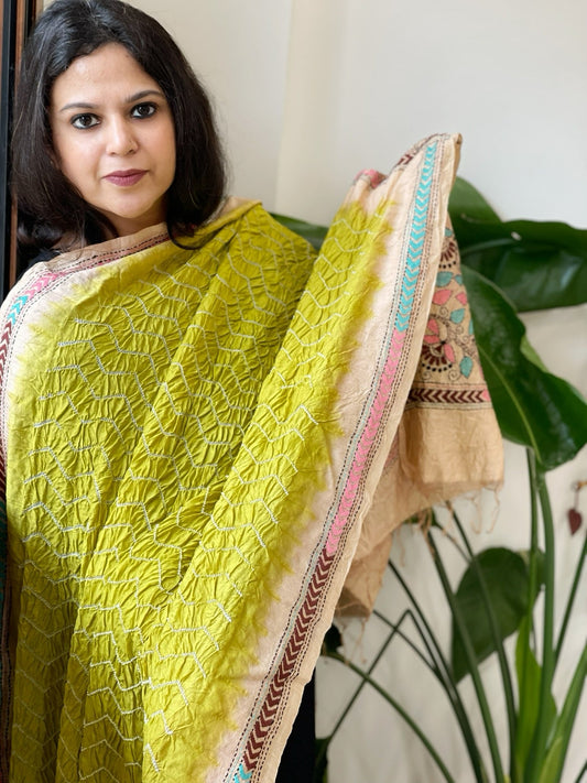 Parrot Green Rai Bandhej Dupatta with Kantha Handwork in Pure Munga Tussar Silk - Masakalee