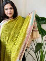 Parrot Green Rai Bandhej Dupatta with Kantha Handwork in Pure Munga Tussar Silk - Masakalee