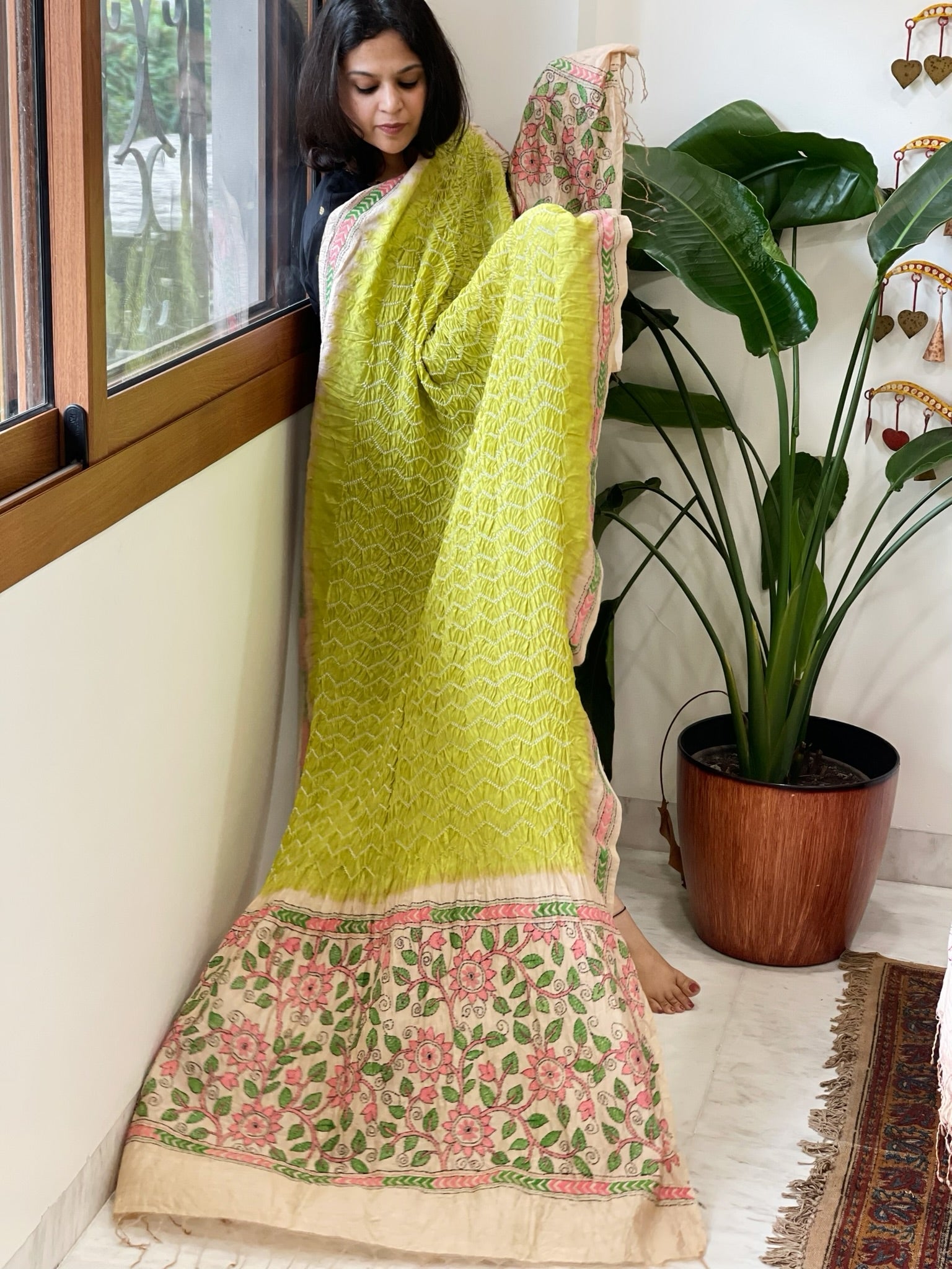 Parrot Green Rai Bandhej Dupatta with Kantha Handwork in Pure Munga Tussar Silk - Masakalee