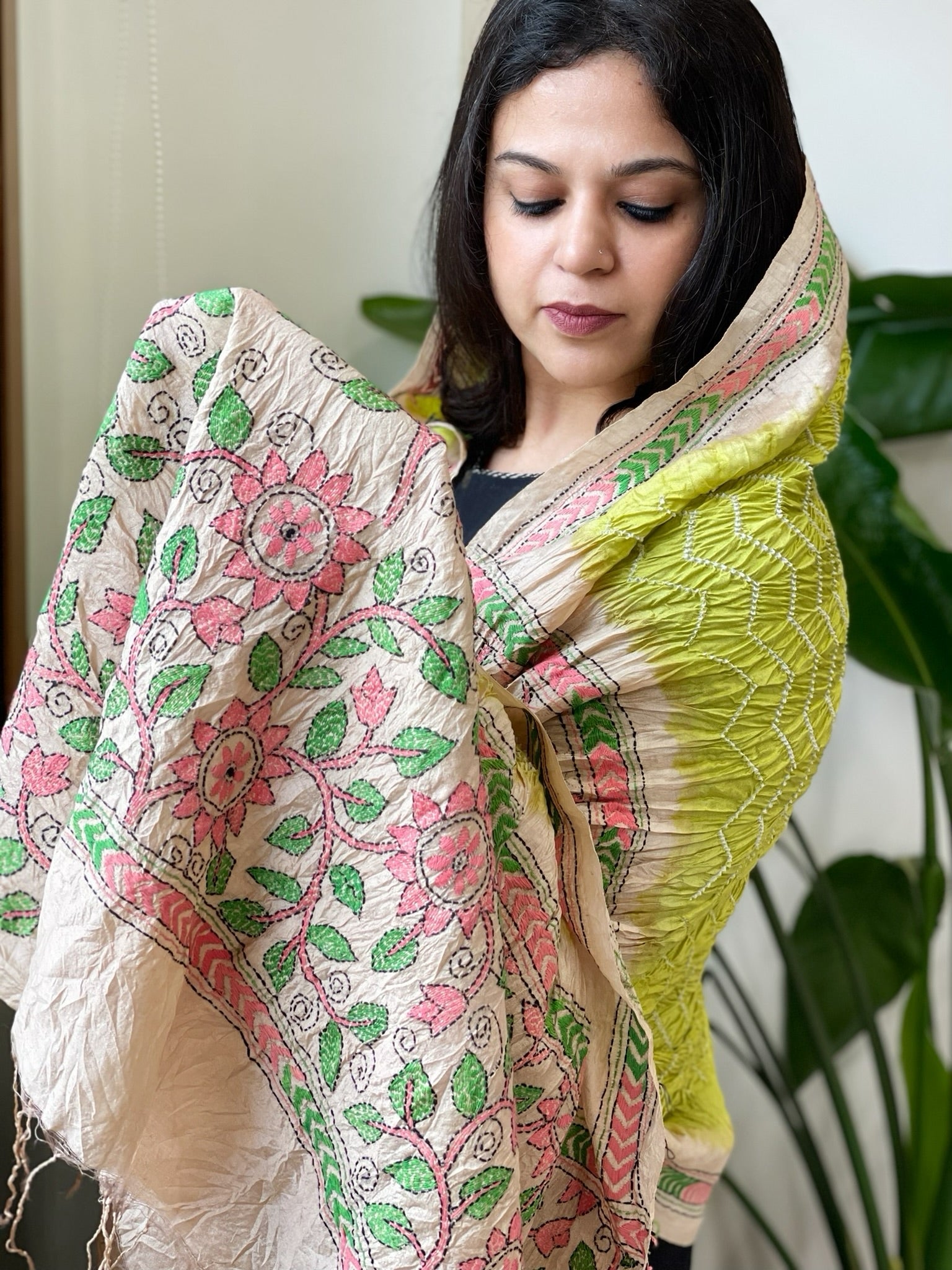 Parrot Green Rai Bandhej Dupatta with Kantha Handwork in Pure Munga Tussar Silk - Masakalee