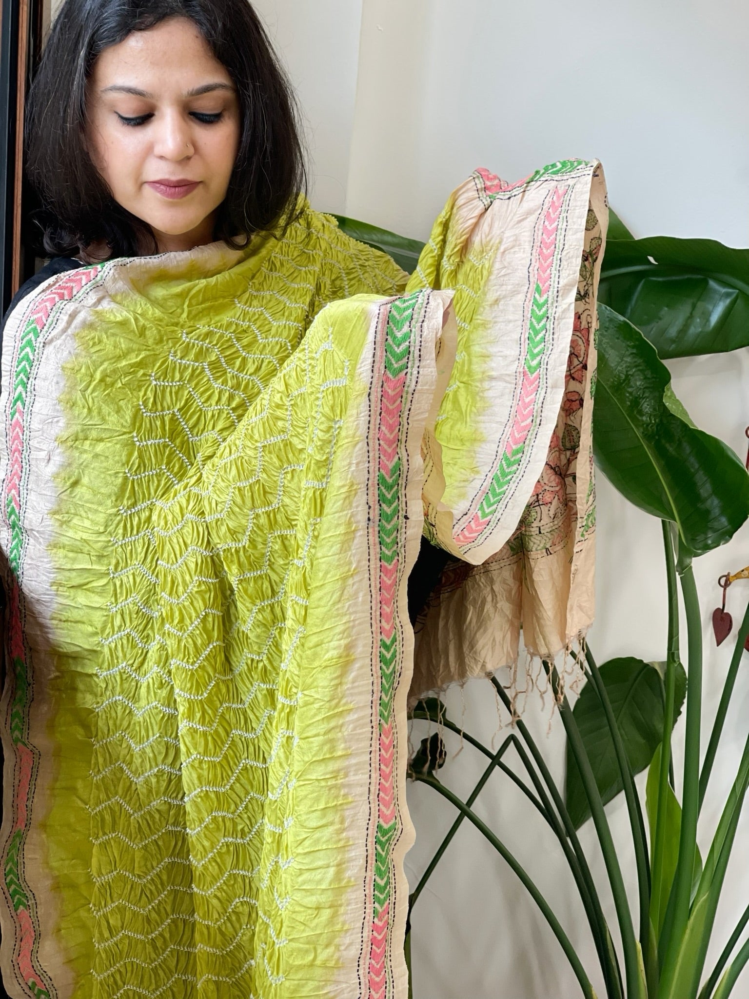 Parrot Green Rai Bandhej Dupatta with Kantha Handwork in Pure Munga Tussar Silk - Masakalee