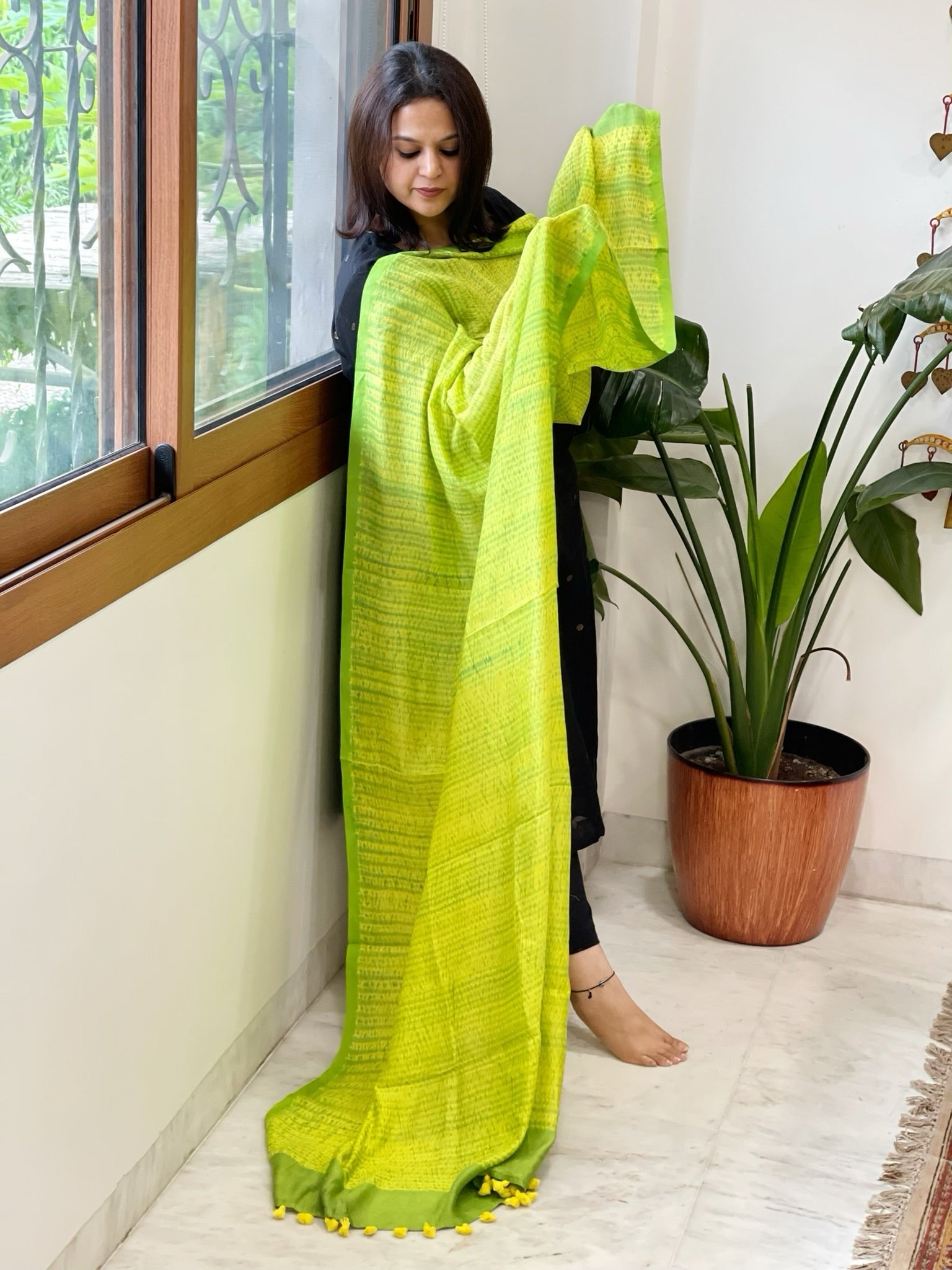 Parrot Green, Yellow Handmade Shibori Dupatta in Eri (Ahimsa) Silk - Masakalee