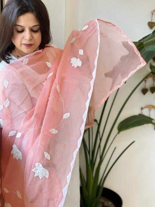 Peach Applique handwork Dupatta in Kota Cotton - Masakalee