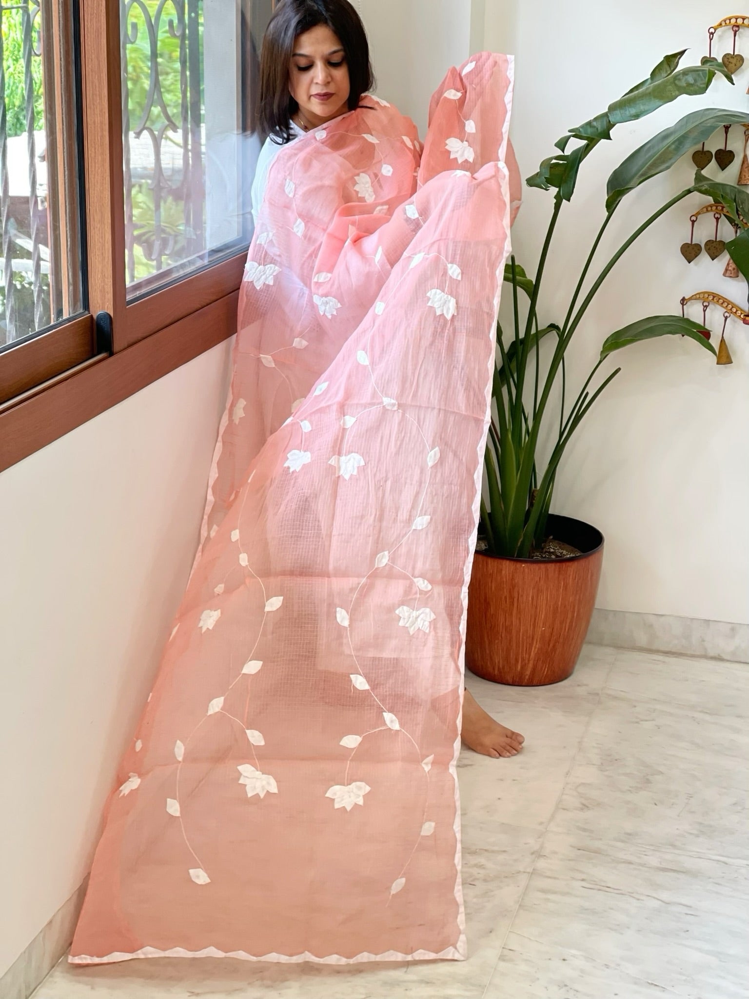 Peach Applique handwork Dupatta in Kota Cotton - Masakalee