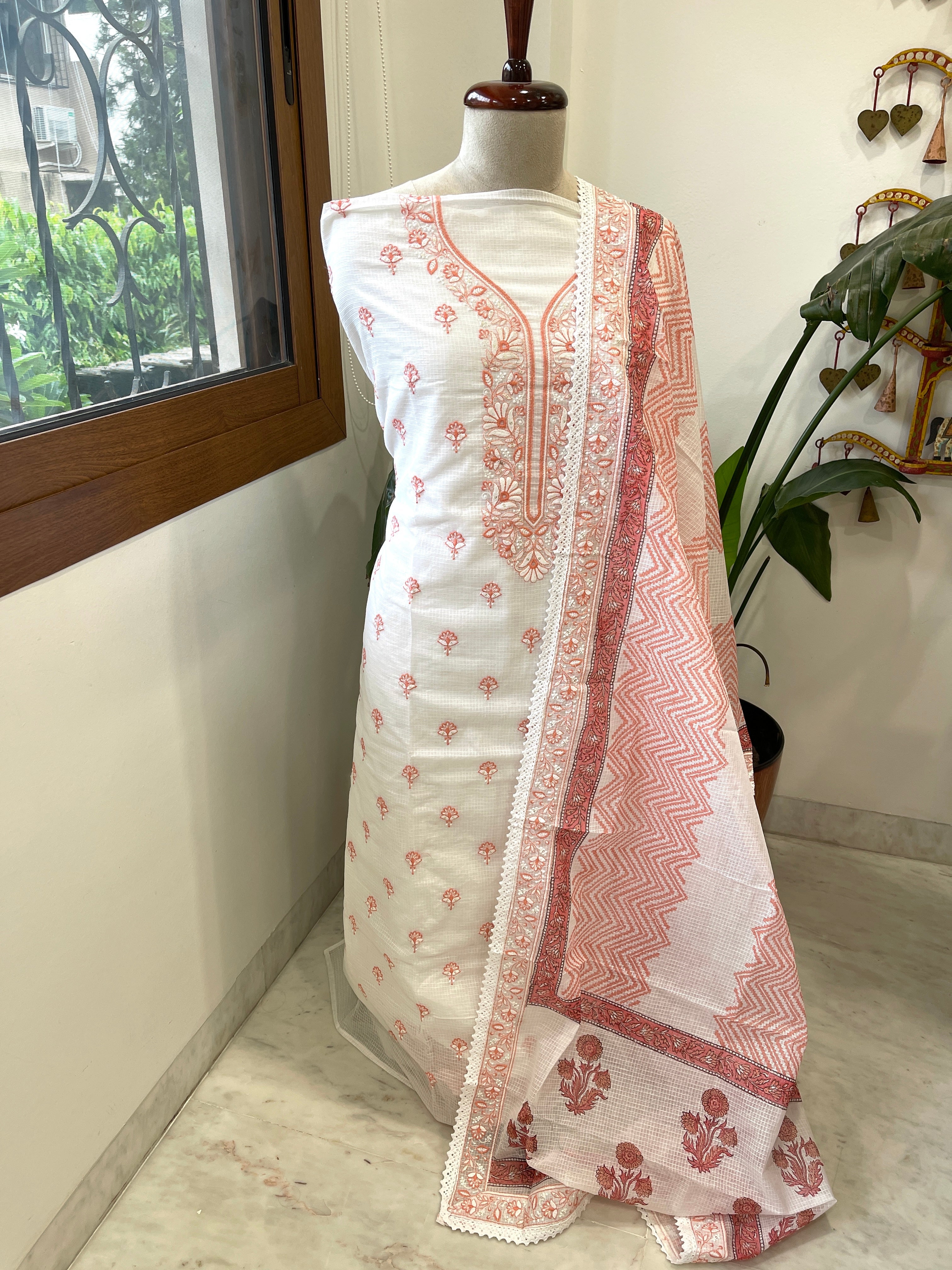 Peach Handblock Printed Embroidered Suit Set in Kota Cotton - Masakalee