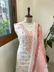 Peach Handblock Printed Embroidered Suit Set in Kota Cotton - Masakalee