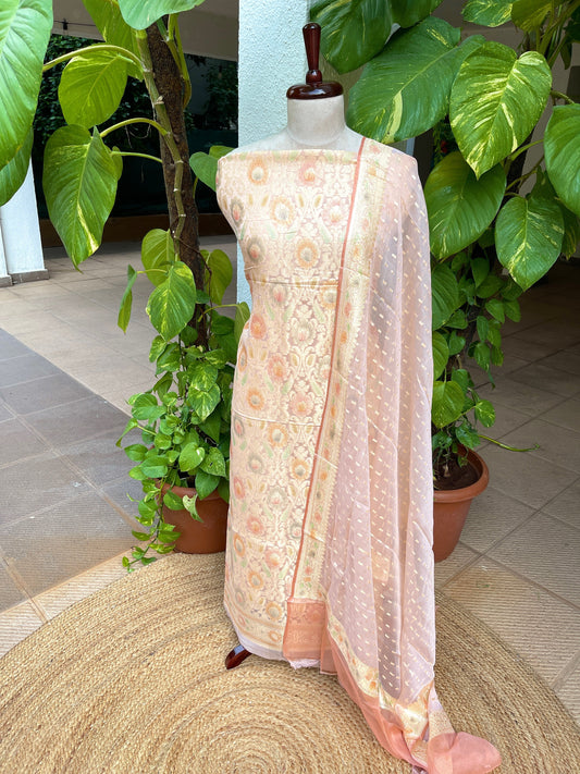 Peach Handwoven Khaddi 3 - Piece Suit Set in Pure Georgette - Masakalee