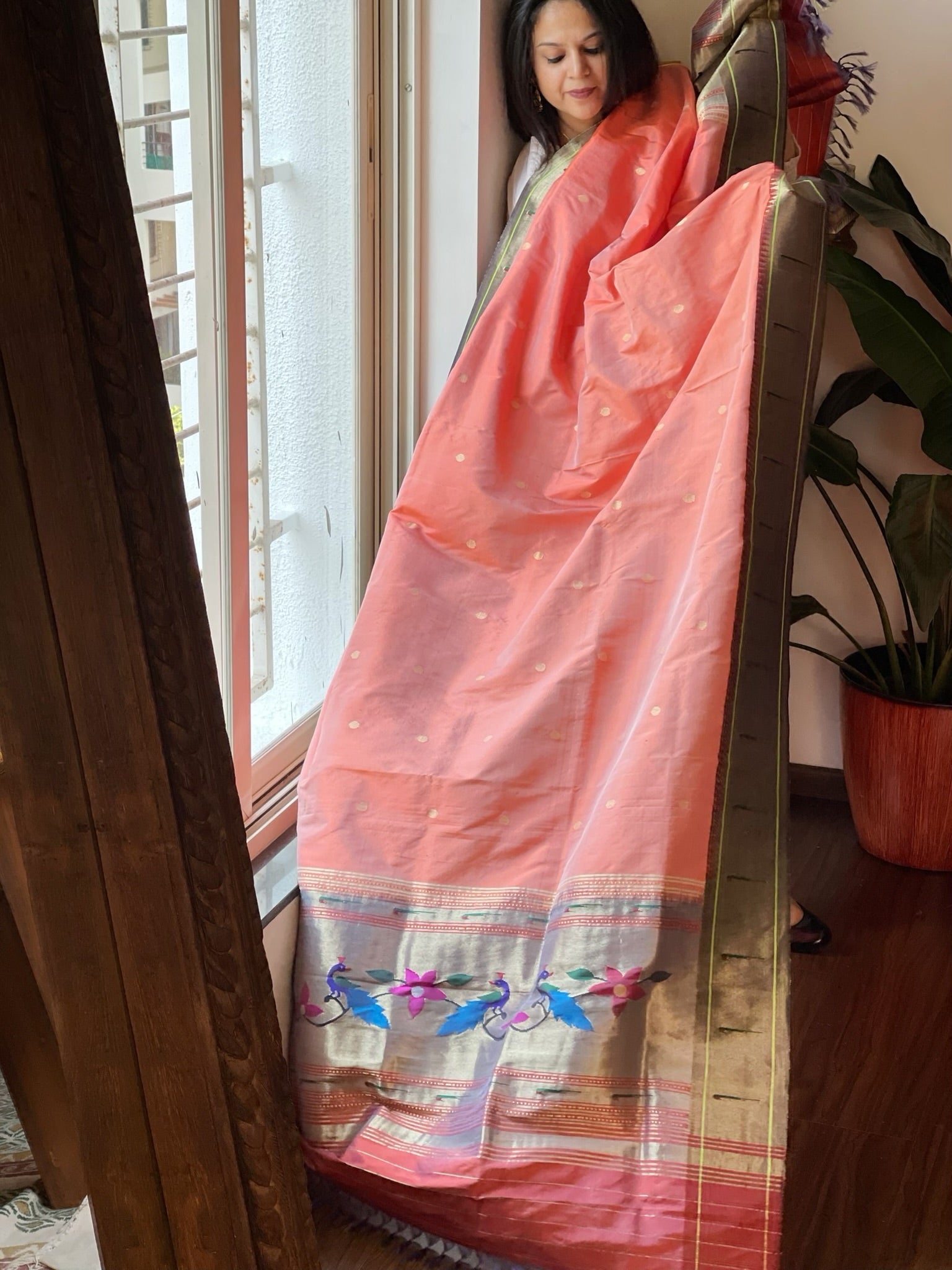 Peach Handwoven Paithani Dupatta in Pure Silk - Masakalee