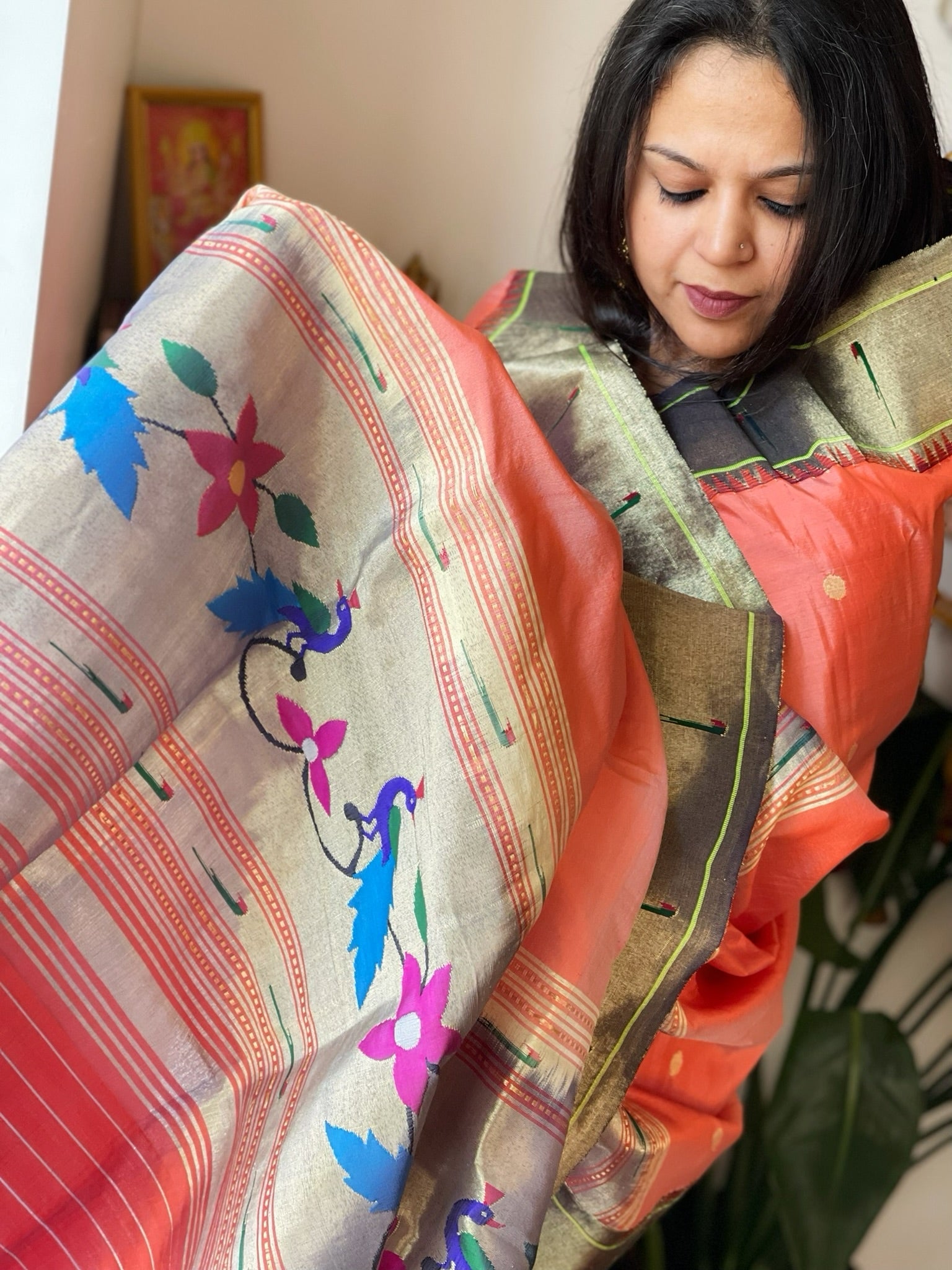 Peach Handwoven Paithani Dupatta in Pure Silk - Masakalee