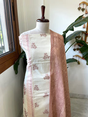 Peach, Ivory Handblock Printed Embroidered Suit Set with Lace Detailing in Pure Cotton - Masakalee