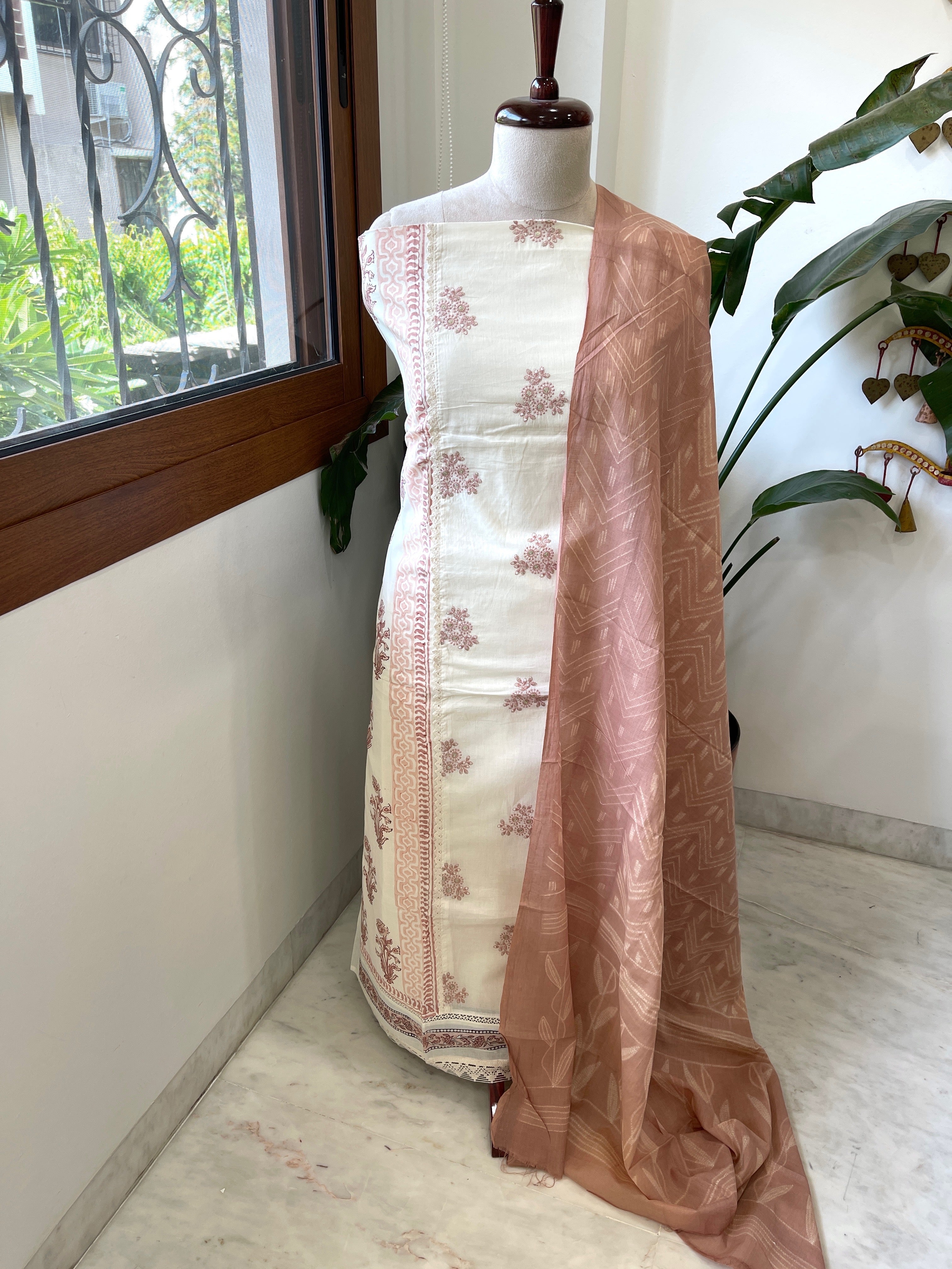 Peach, Ivory Handblock Printed Embroidered Suit Set with Lace Detailing in Pure Cotton - Masakalee