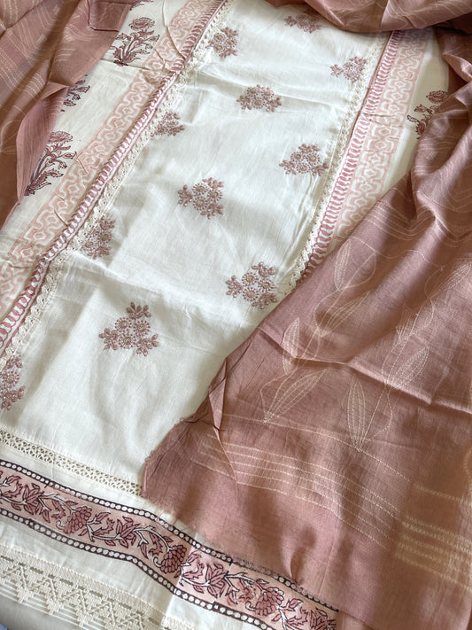 Peach, Ivory Handblock Printed Embroidered Suit Set with Lace Detailing in Pure Cotton - Masakalee