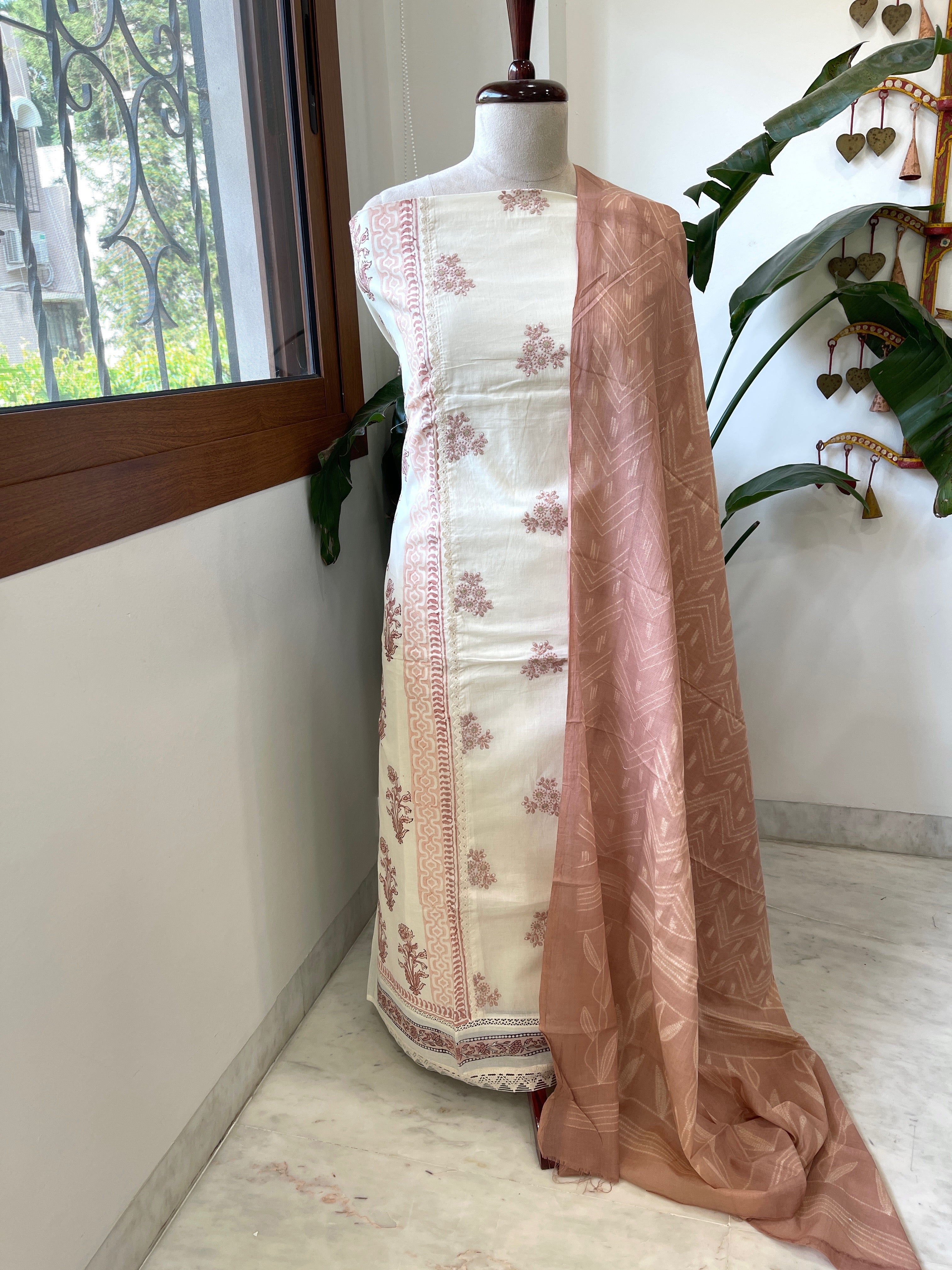 Peach, Ivory Handblock Printed Embroidered Suit Set with Lace Detailing in Pure Cotton - Masakalee