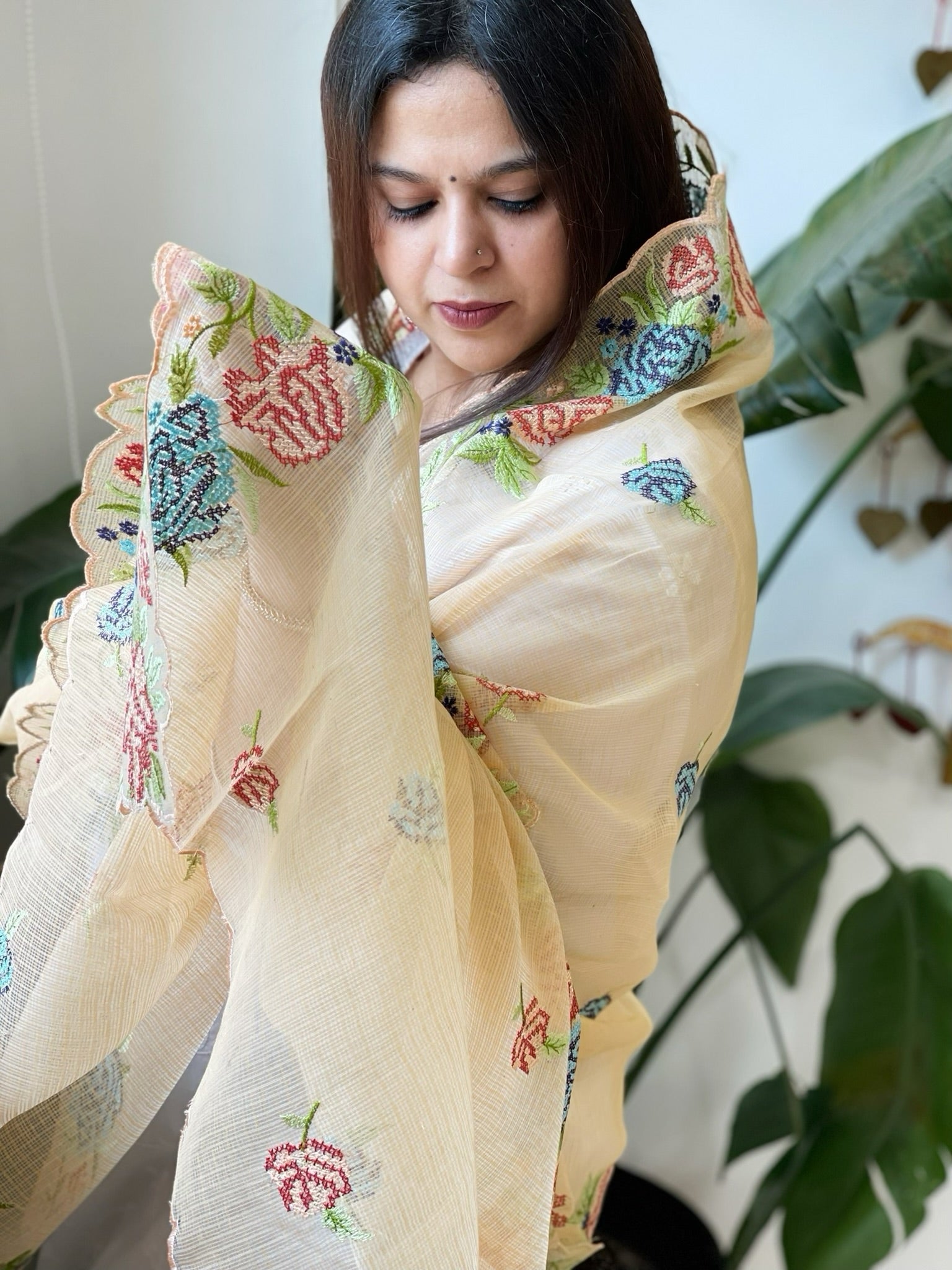 Peach Kota Cotton Dupatta with Cross - Stitch Embroidered Border - Masakalee