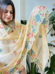 Peach Kota Cotton Dupatta with Cross - Stitch Embroidered Border - Masakalee