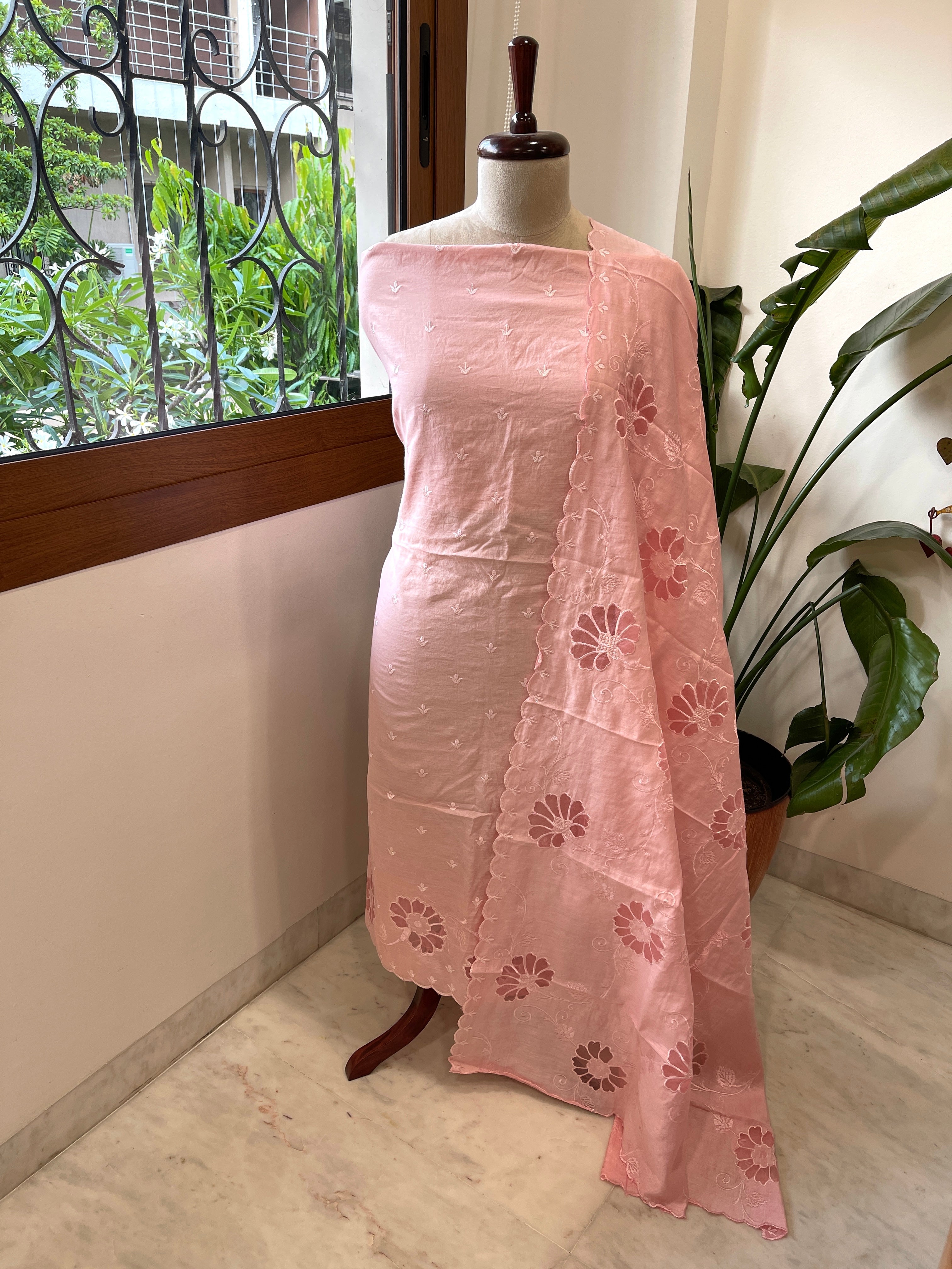 Peach Mul Chanderi Suit Set with Cut Work - Masakalee
