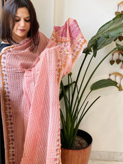 Peach Mul Cotton Handblock Printed Dupatta - Masakalee