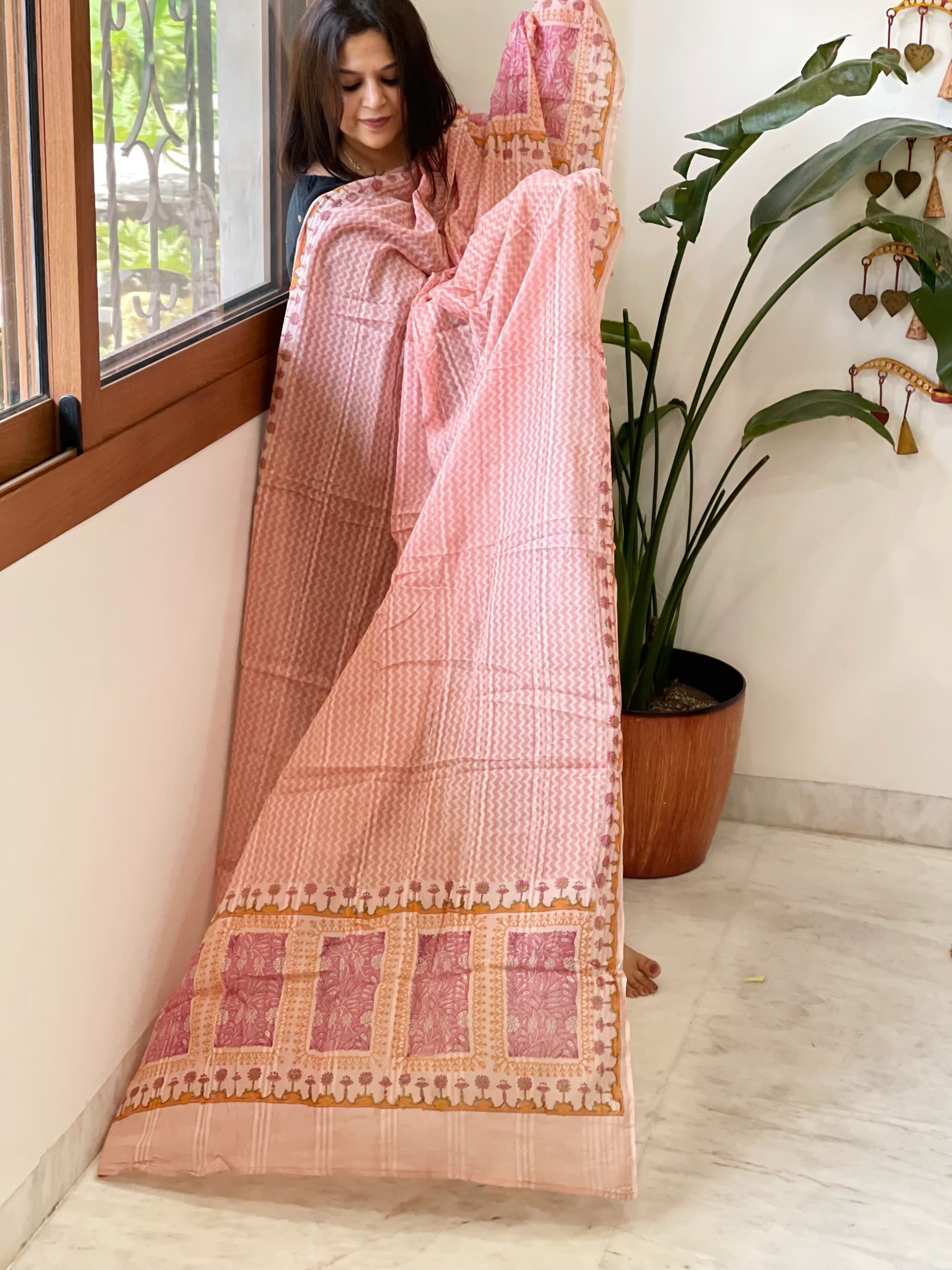 Peach Mul Cotton Handblock Printed Dupatta - Masakalee