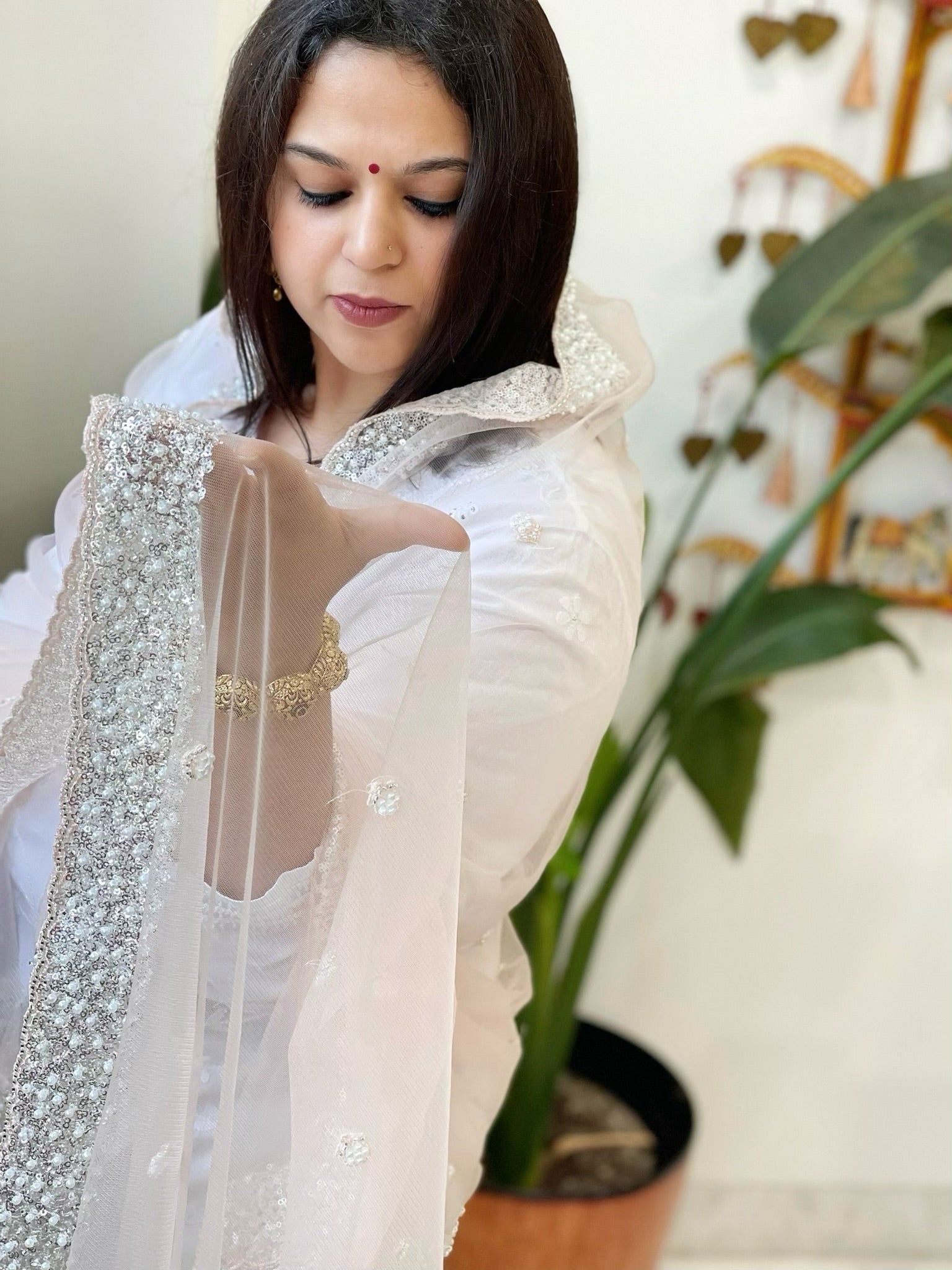 Peach Net Dupatta with Sequin and Pearl Embroidery - Masakalee