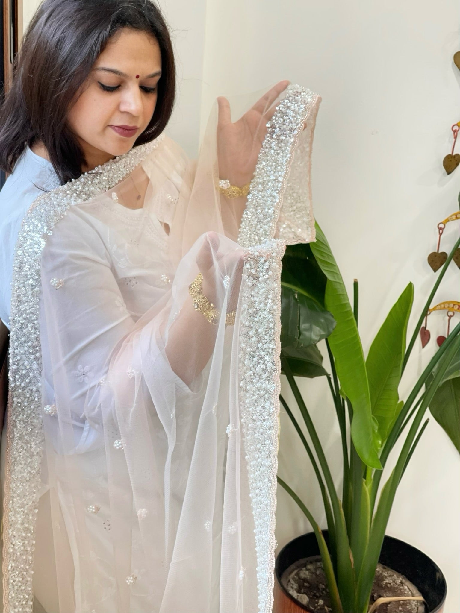 Peach Net Dupatta with Sequin and Pearl Embroidery - Masakalee