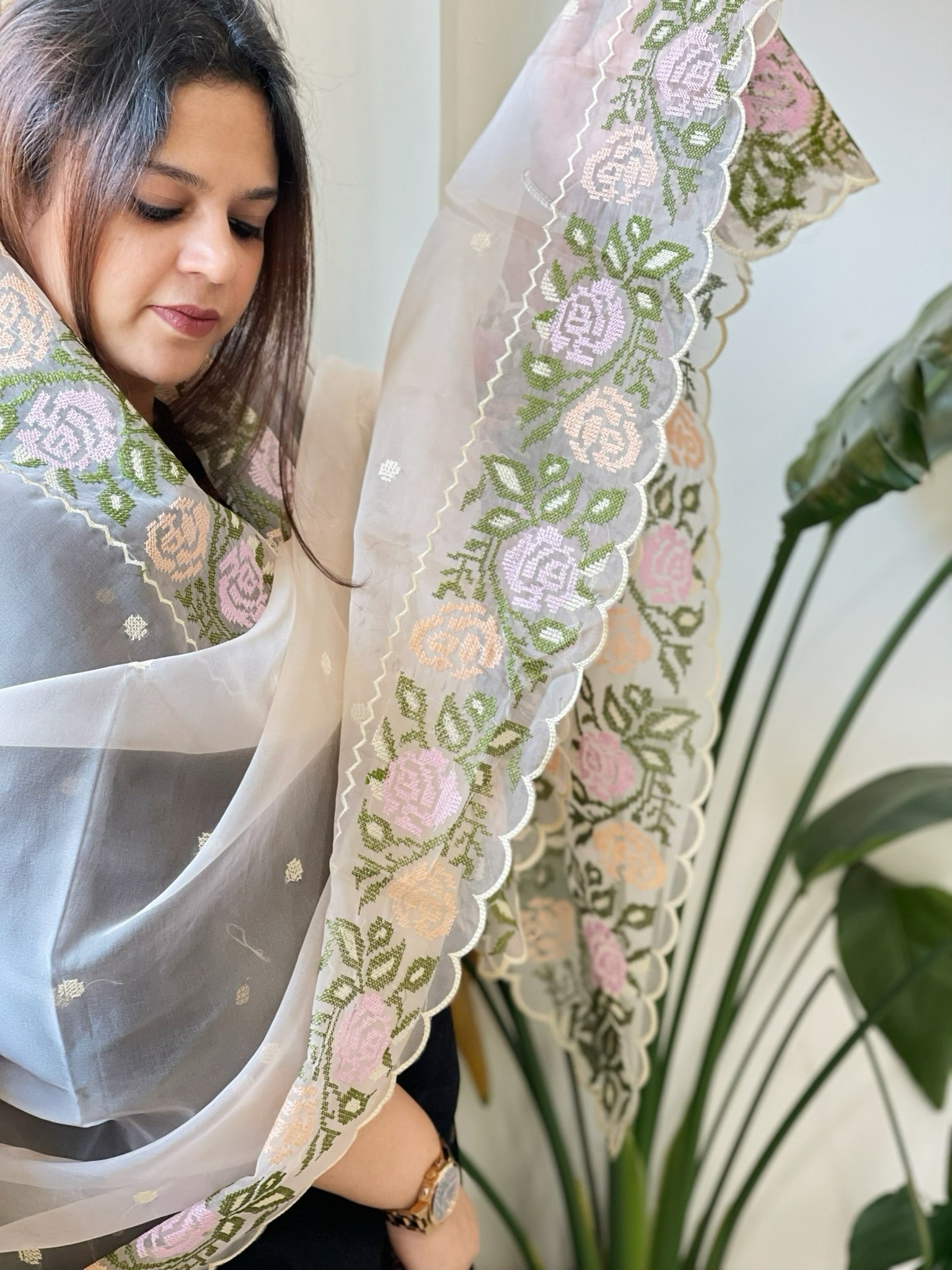 Peach Organza Dupatta with Cross - Stitch Embroidery - Masakalee