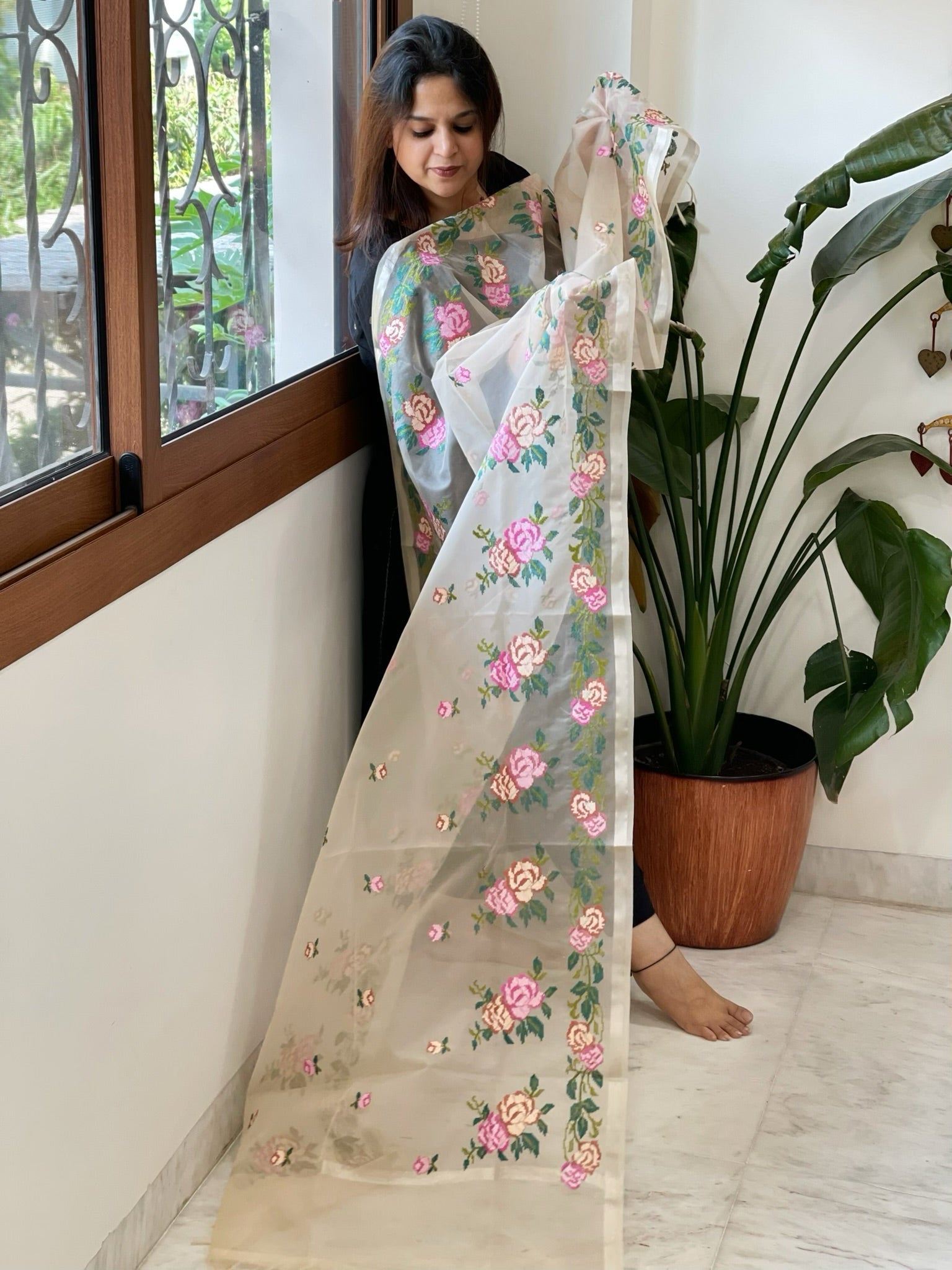 Peach Organza Dupatta with Cross - Stitch Embroidery - Masakalee