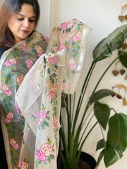 Peach Organza Dupatta with Cross - Stitch Embroidery - Masakalee