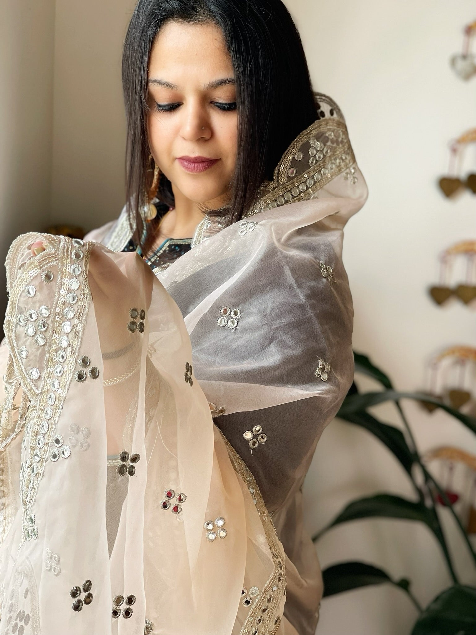 Peach Organza Dupatta with Foil Mirror Work - Masakalee